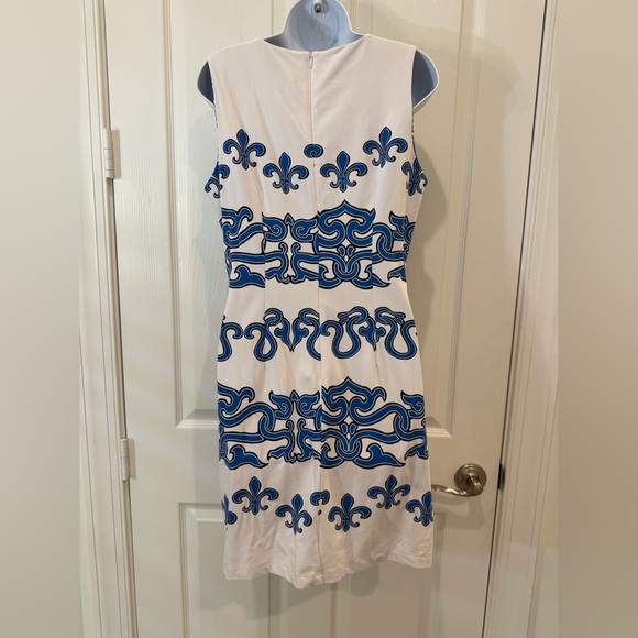 J. McLaughlin White and Blue Sheath Dress perfect for a Wedding Guest. Medium - Picture 2 of 7